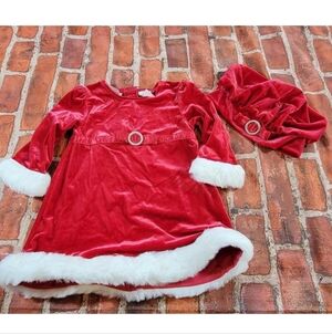 Miniwear Christmas Santa Red Velvet Dress Faux Fur Trim W/ Hat 12 Months